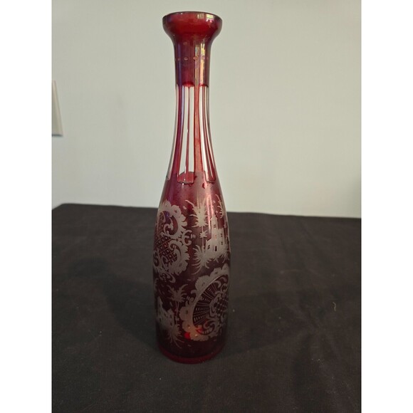 Bohemian Czech Ruby Red Hand Blown Cut to Clear Egermann-style Decanter w/ Label - Picture 3 of 9